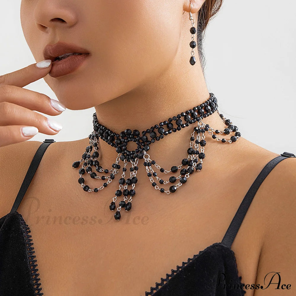 Gothic Beaded Woven Crystal Choker Necklace Halloween