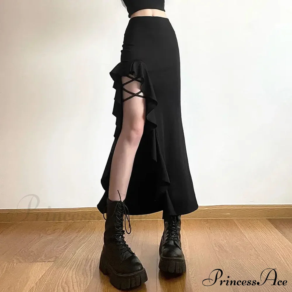 Gothic Black Bodycon Waisted Punk Midi Slit Skirt