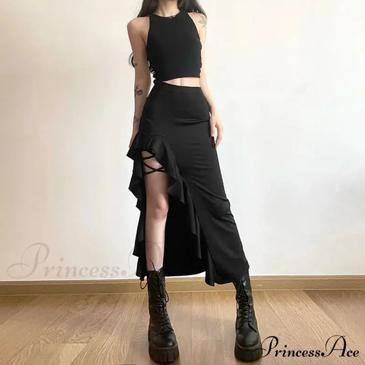 Gothic Black Bodycon Waisted Punk Midi Slit Skirt