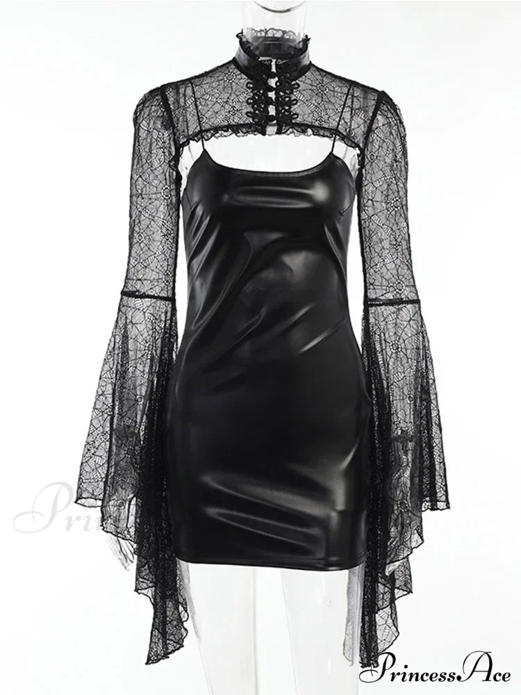 Gothic Black Faux Leather Flare Sleeve Crop Top Mini Dress