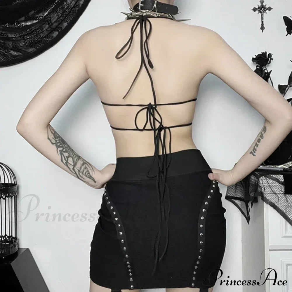 Gothic Butterfly-Shape Sexy Black Halter Strappy Backless Crop Top Halloween