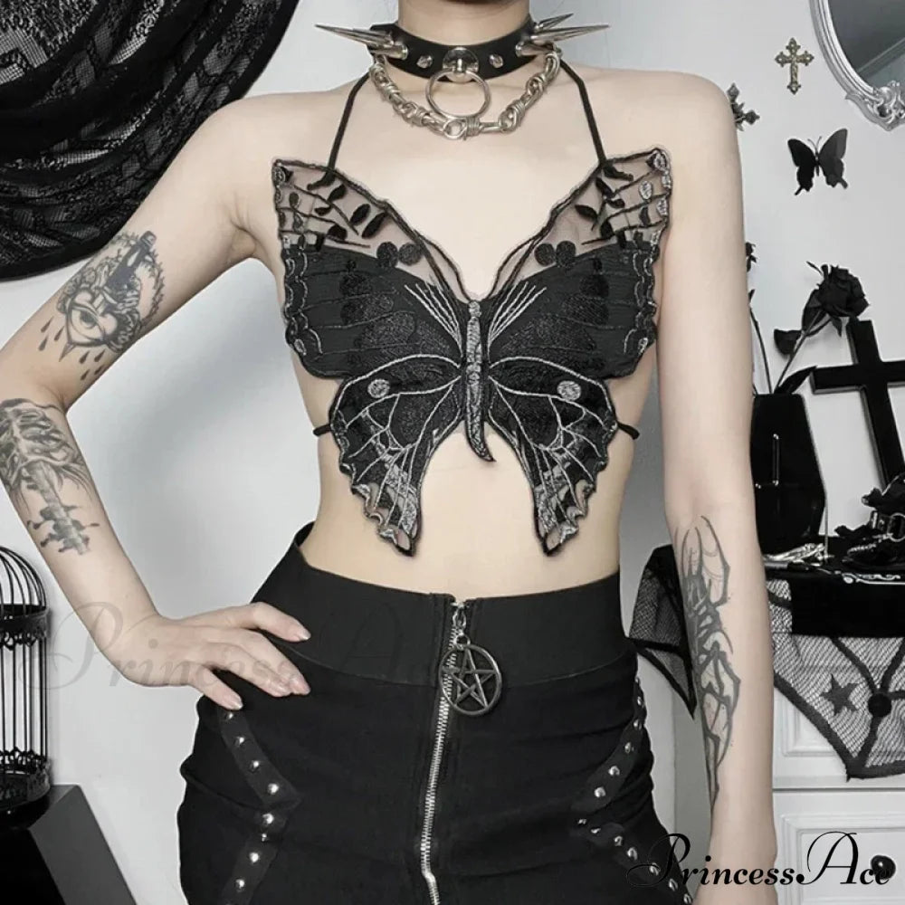 Gothic Butterfly-Shape Sexy Black Halter Strappy Backless Crop Top Halloween