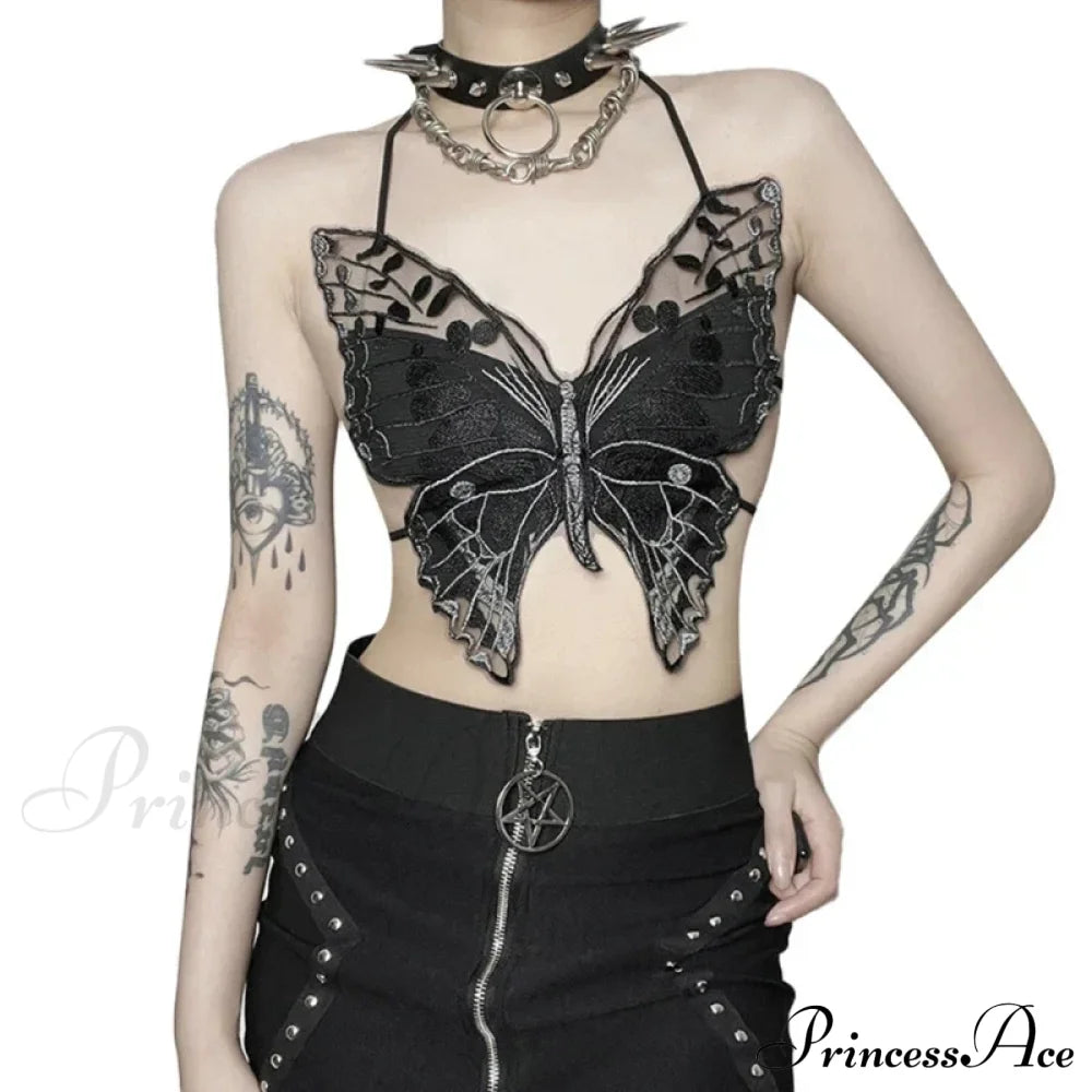 Gothic Butterfly-Shape Sexy Black Halter Strappy Backless Crop Top / One Size Halloween