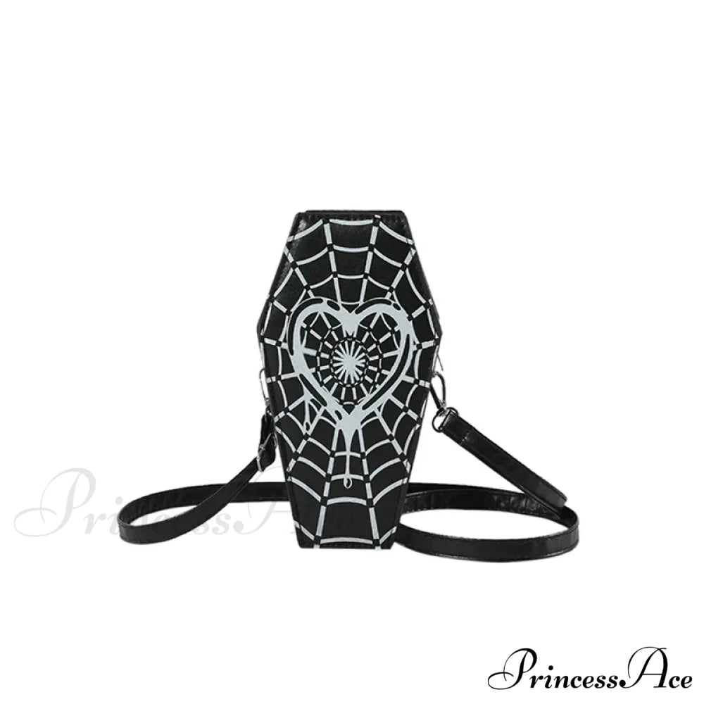 Gothic Coffin Small Spider Web Pu Leather Halloween Designer Bag Black