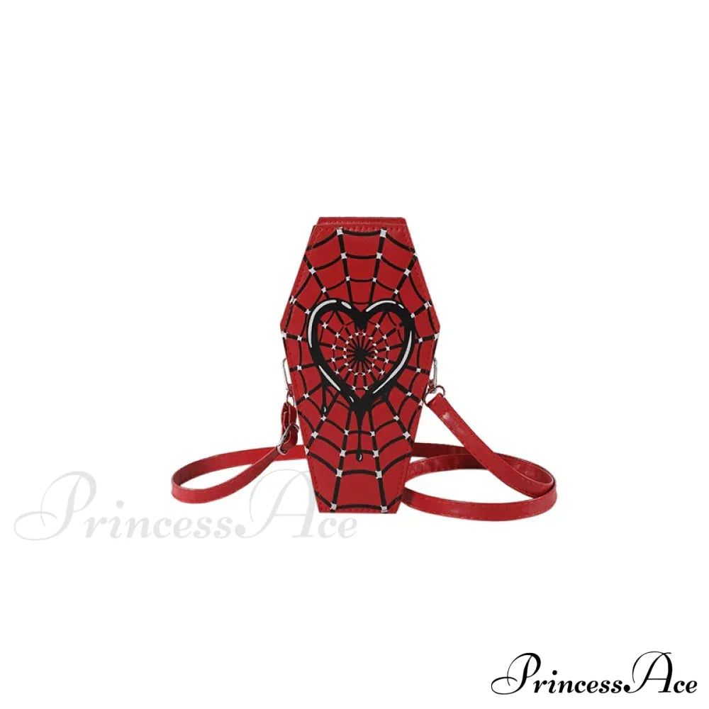 Gothic Coffin Small Spider Web Pu Leather Halloween Designer Bag Red