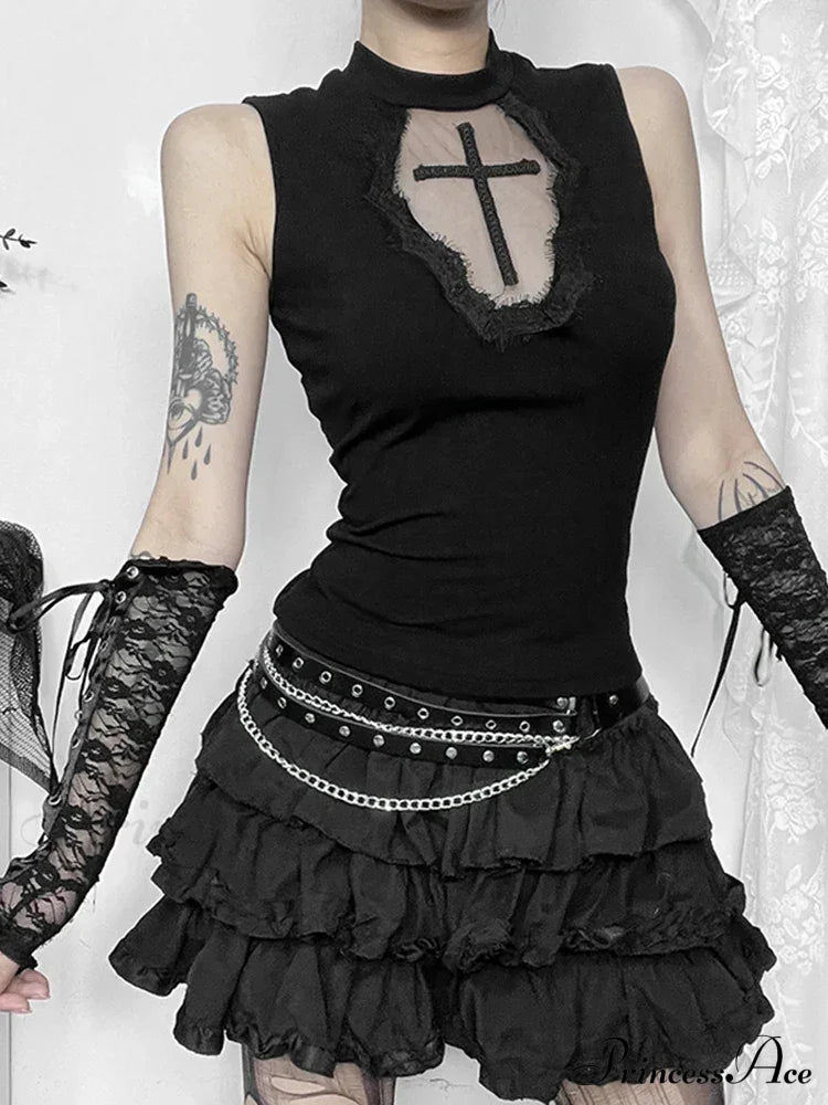 Gothic Dark Cross Mesh Patchwork See Through Grunge Alternative Crop Top Black / S Halloween