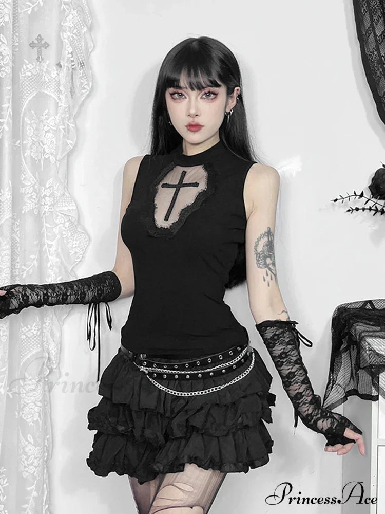 Gothic Dark Cross Mesh Patchwork See Through Grunge Alternative Crop Top Halloween