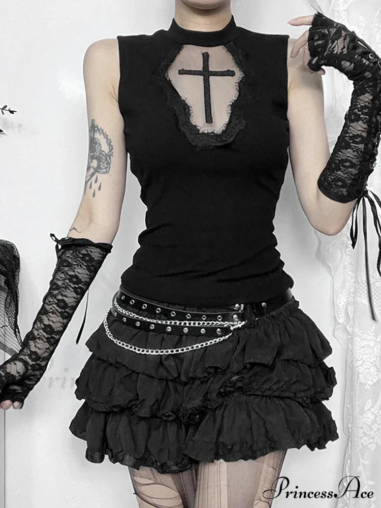 Gothic Dark Cross Mesh Patchwork See Through Grunge Alternative Crop Top Halloween