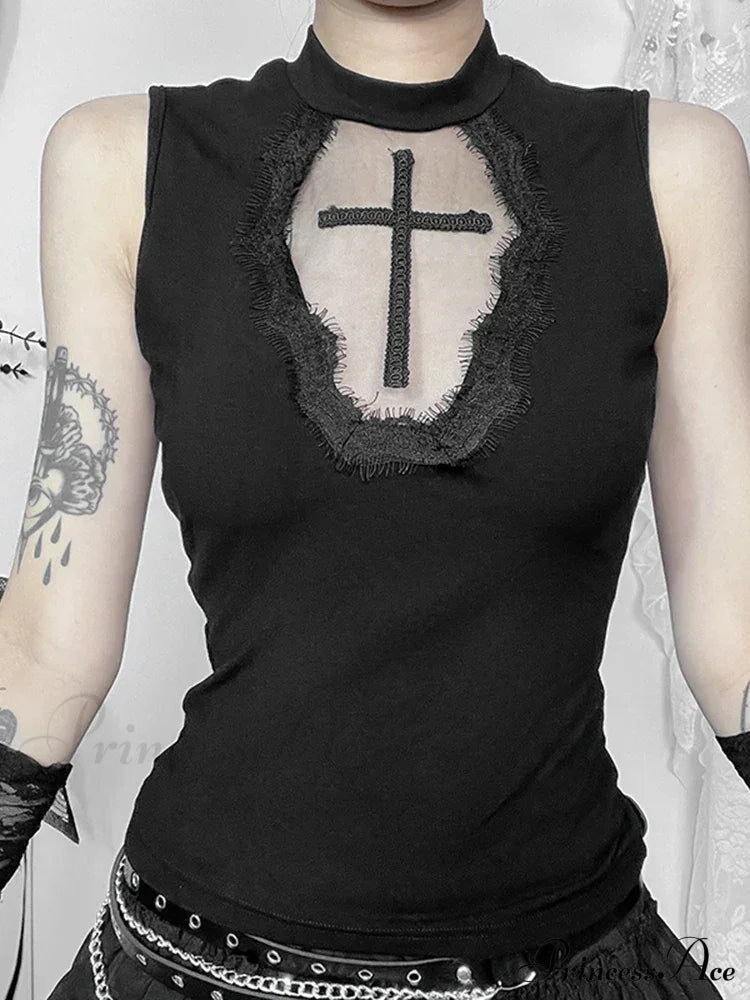 Gothic Dark Cross Mesh Patchwork See Through Grunge Alternative Crop Top Halloween