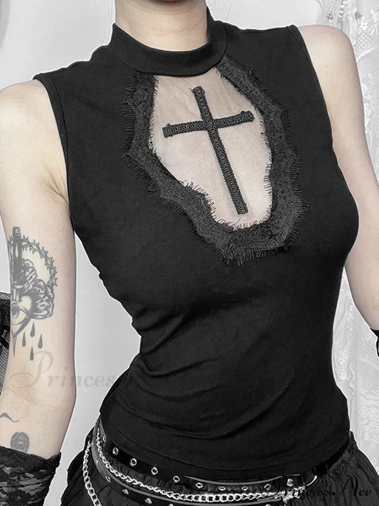 Gothic Dark Cross Mesh Patchwork See Through Grunge Alternative Crop Top Halloween