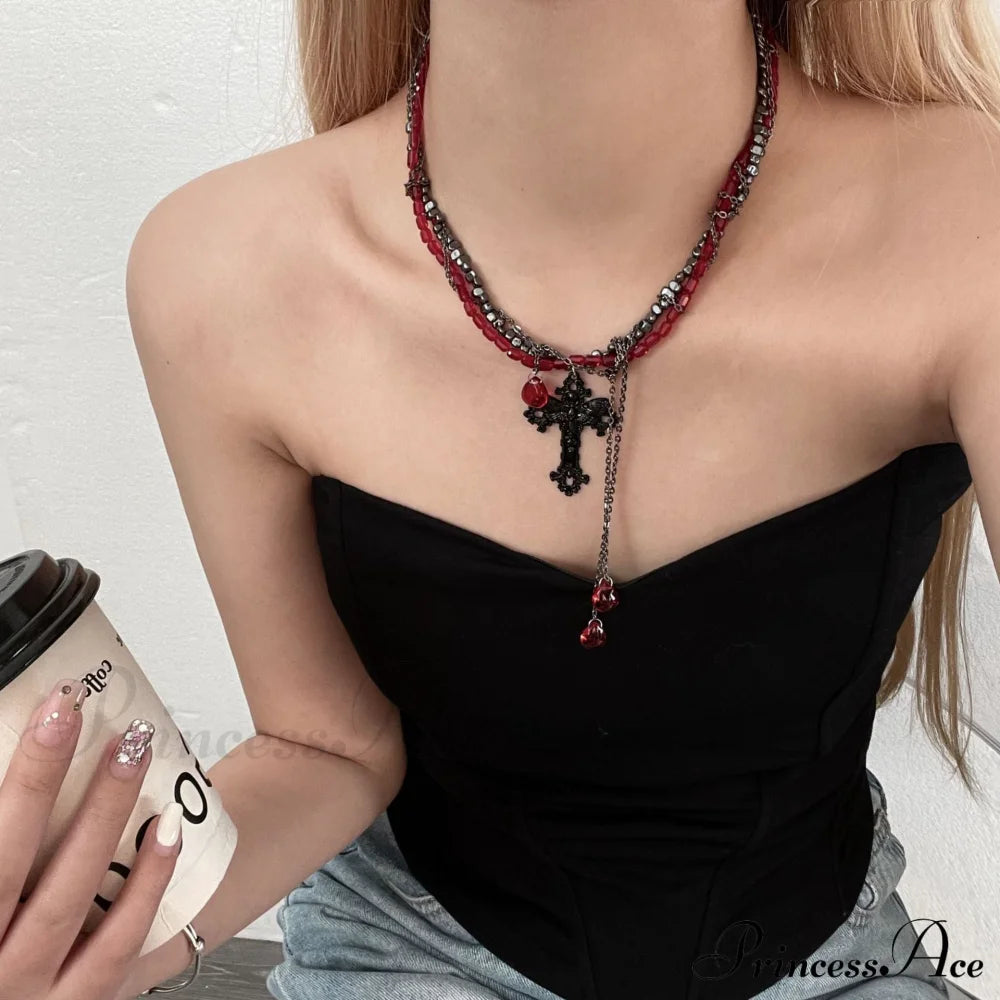 Gothic Dark Cross Tassel Necklace Halloween