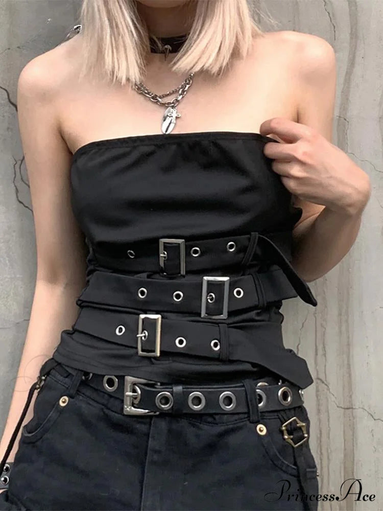 Gothic Eyelet Bandage Design Punk Black Sleeveless Crop Top Halloween