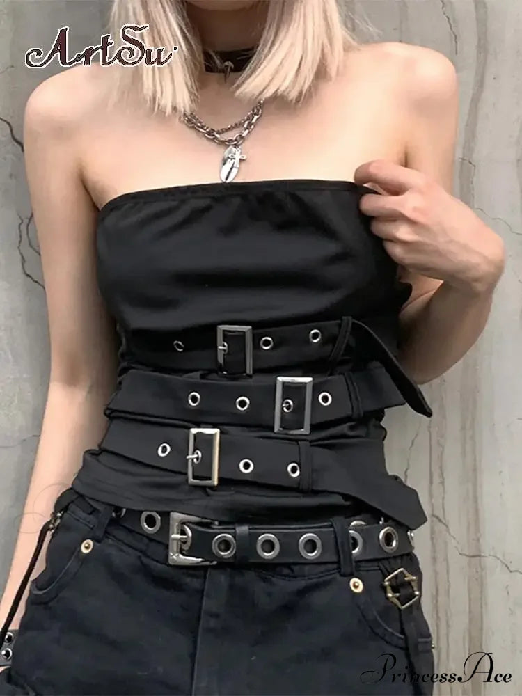 Gothic Eyelet Bandage Design Punk Black Sleeveless Crop Top / S Halloween