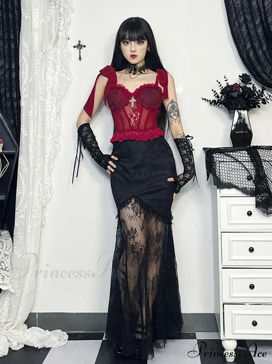 Gothic Floral Lace Mesh Corset V Neck Adjustable Strap Camisole Crop Top Halloween