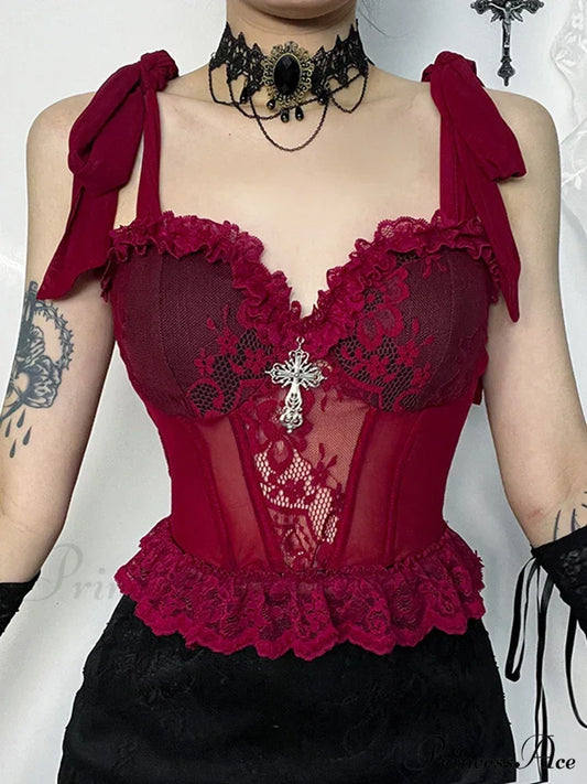 Gothic Floral Lace Mesh Corset V Neck Adjustable Strap Camisole Crop Top Red / S Halloween