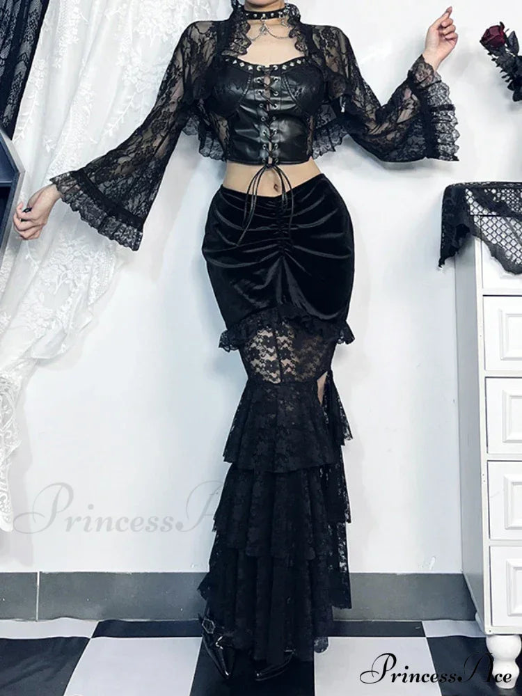 Gothic Folding Fishtail Multi-Layer Splicing Split Woman Velvet High Waist Lace Patchwork Mermaid