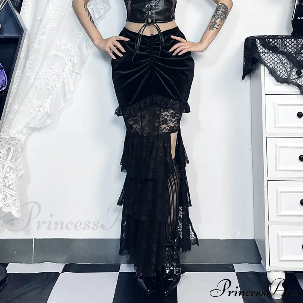 Gothic Folding Fishtail Multi-Layer Splicing Split Woman Velvet High Waist Lace Patchwork Mermaid