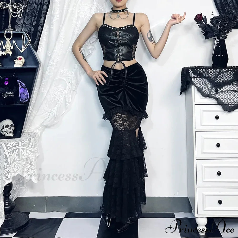 Gothic Folding Fishtail Multi-Layer Splicing Split Woman Velvet High Waist Lace Patchwork Mermaid