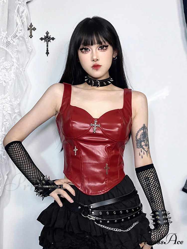 Gothic Grunge Punk Cross Leather Corset Crop Top Halloween