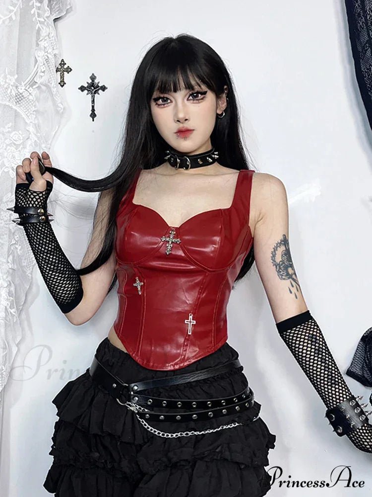 Gothic Grunge Punk Cross Leather Corset Crop Top Red / Xs Halloween