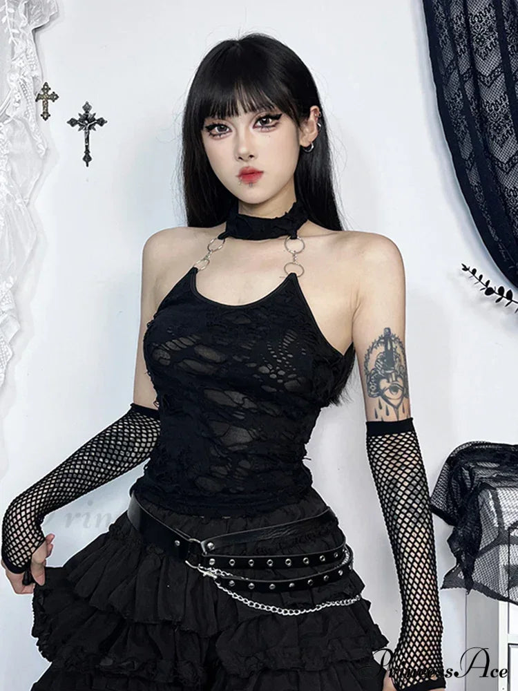 Gothic Halter Backless Cyberpunk Y2K Crop Top Black / S Halloween