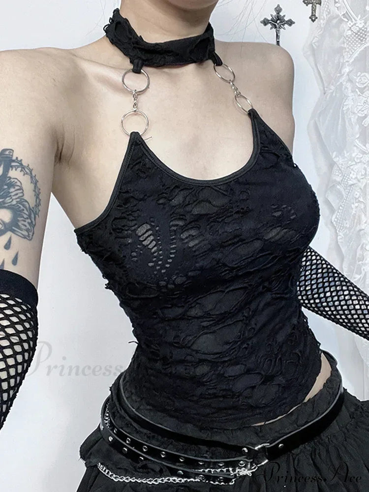 Gothic Halter Backless Cyberpunk Y2K Crop Top Halloween