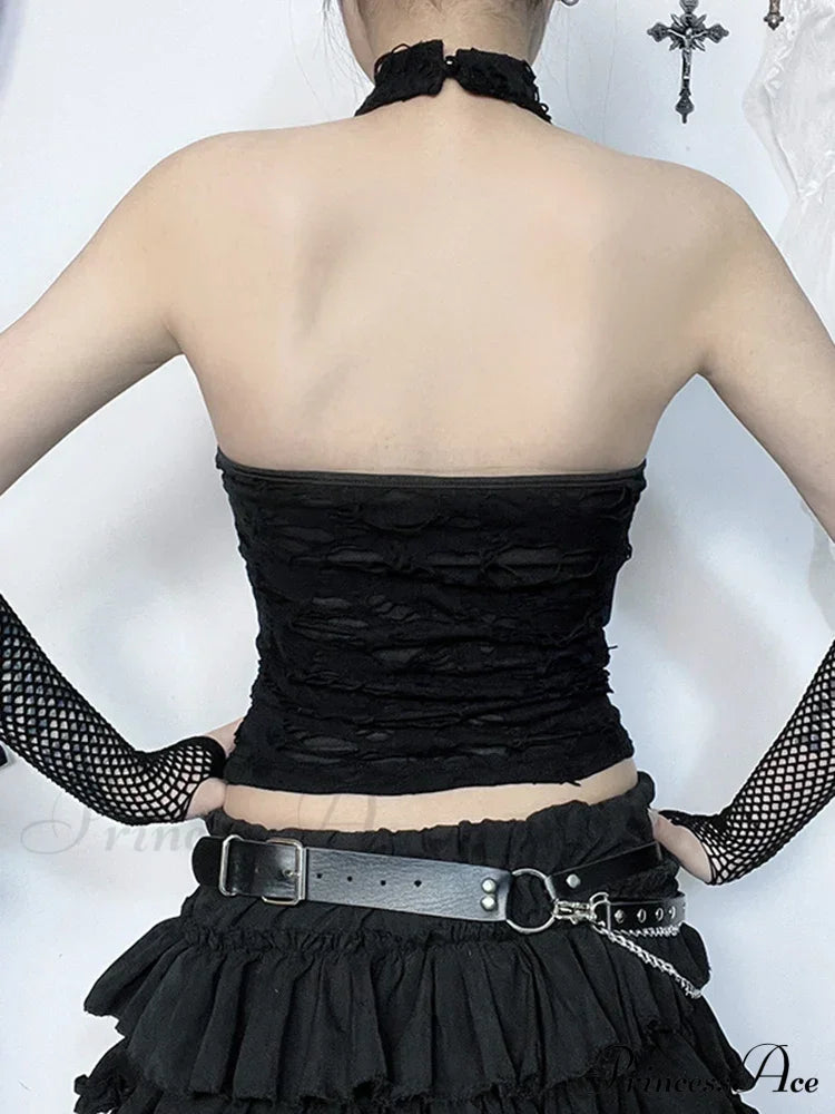 Gothic Halter Backless Cyberpunk Y2K Crop Top Halloween