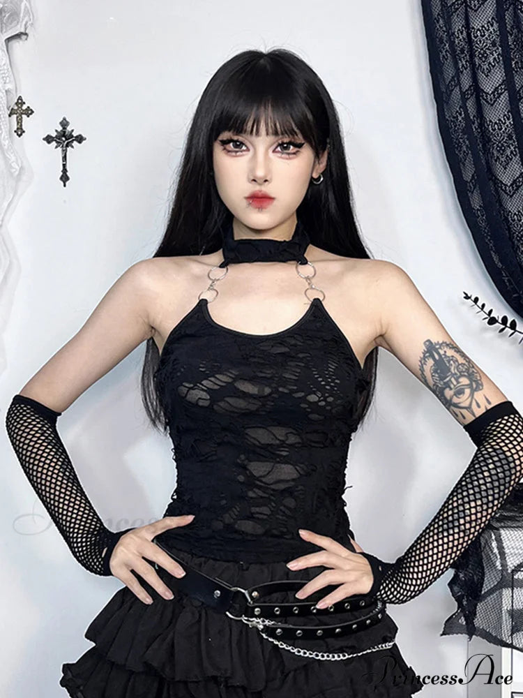 Gothic Halter Backless Cyberpunk Y2K Crop Top Halloween