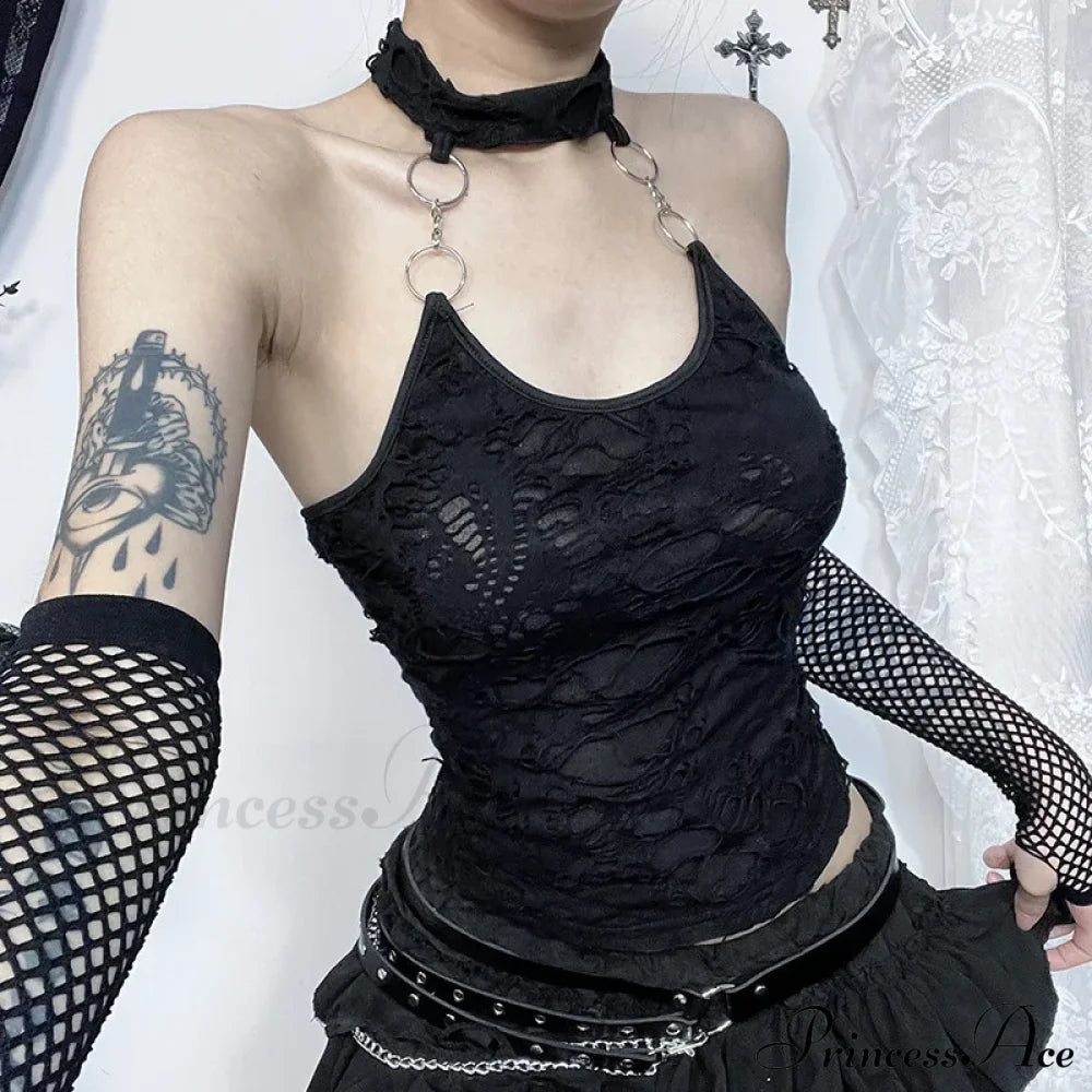 Gothic Halter Cyberpunk Y2K Backless Ring Bodycon Harajuku Basic Sexy Crop Top Black / S Halloween