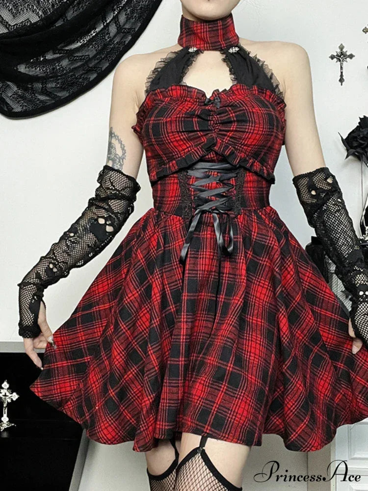 Gothic Halter Neck Sleeveless Vintage Plaid Mall Goth High Waist A Line Swing Backless Dress