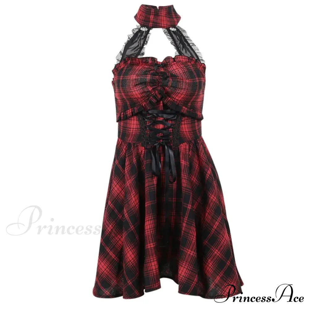 Gothic Halter Neck Sleeveless Vintage Plaid Mall Goth High Waist A Line Swing Backless Dress