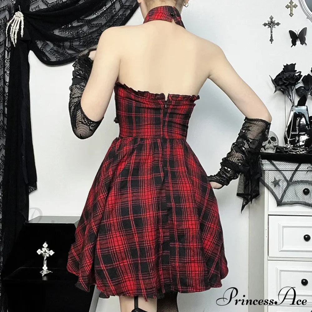 Gothic Halter Neck Sleeveless Vintage Plaid Mall Goth High Waist A Line Swing Backless Dress