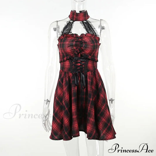 Gothic Halter Neck Sleeveless Vintage Plaid Mall Goth High Waist A Line Swing Backless Dress Red / S