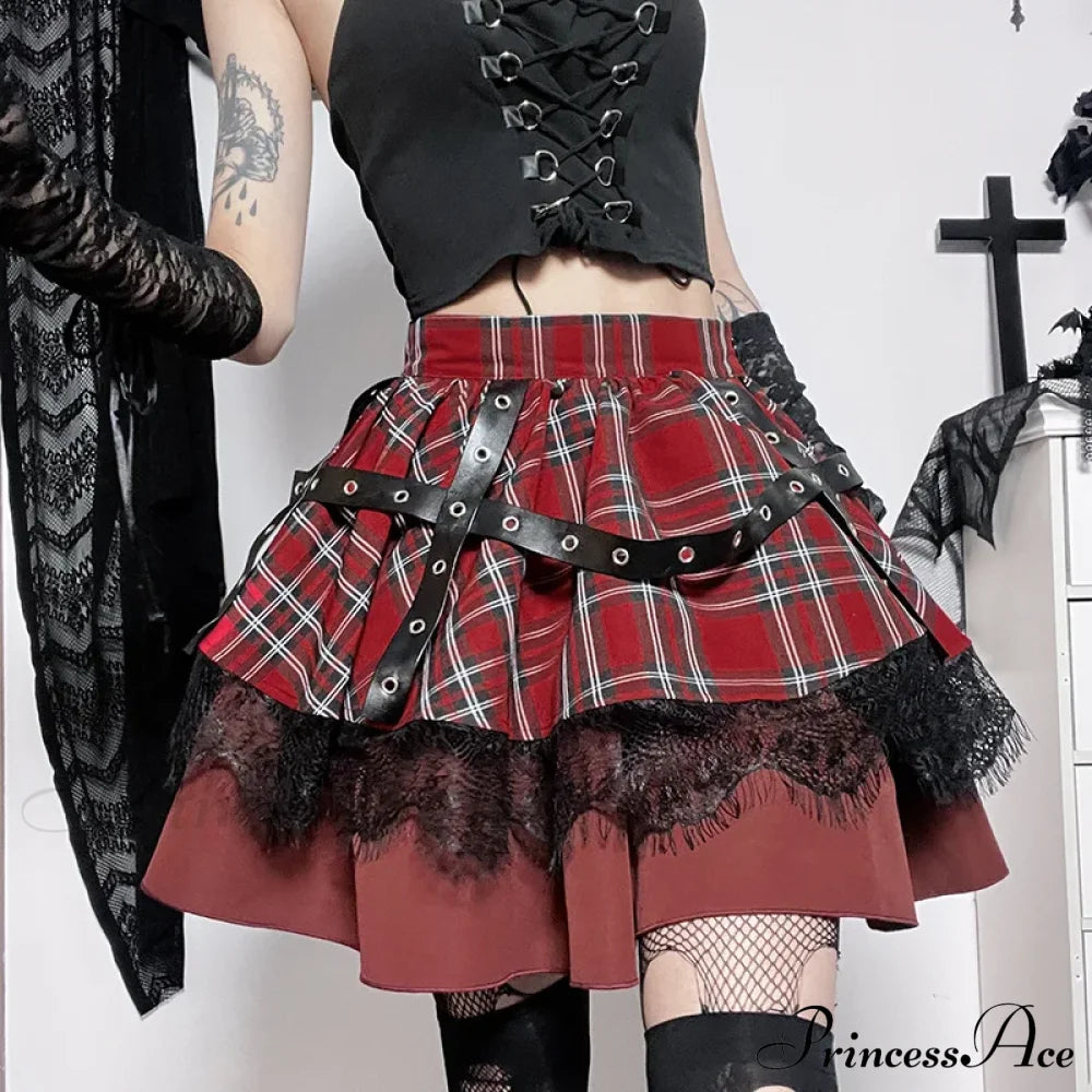 Gothic Harajuku Girls Plaid Pleated Sweet Lace Kawaii Y2K Costume Skirt Halloween