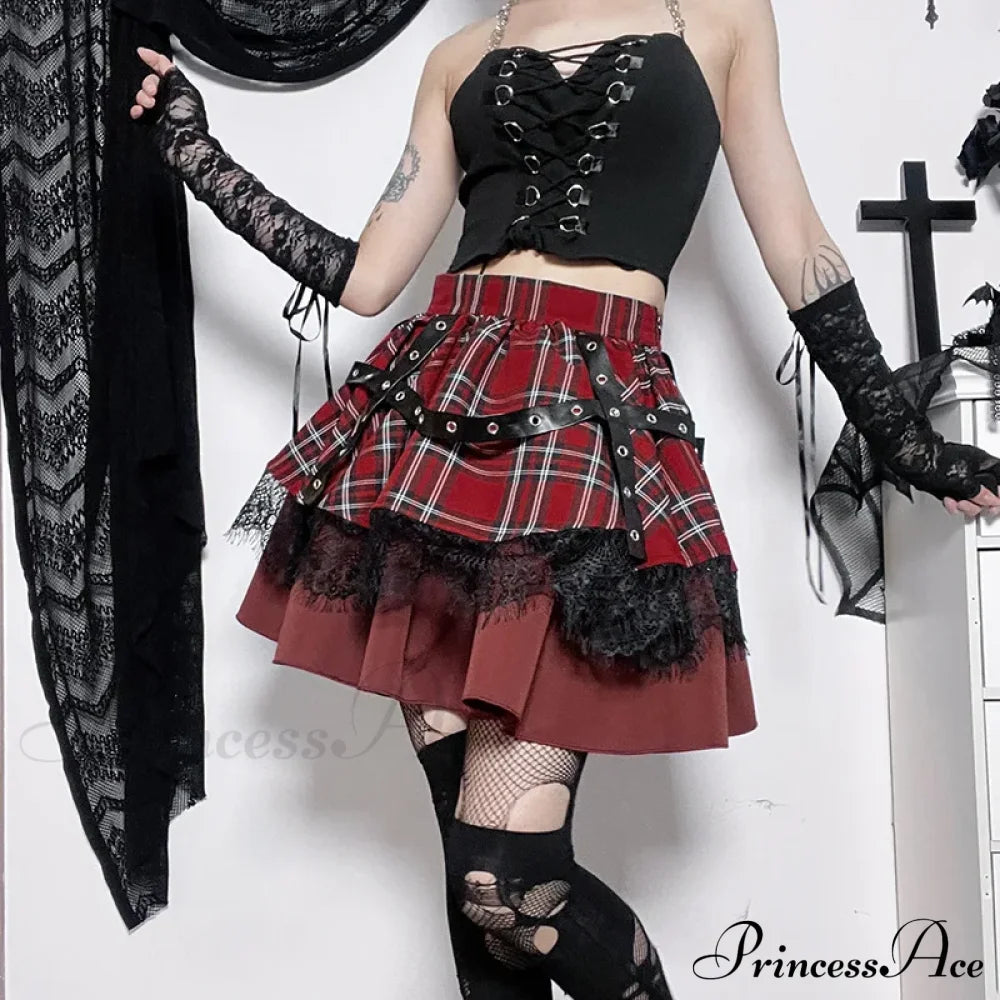 Gothic Harajuku Girls Plaid Pleated Sweet Lace Kawaii Y2K Costume Skirt Halloween