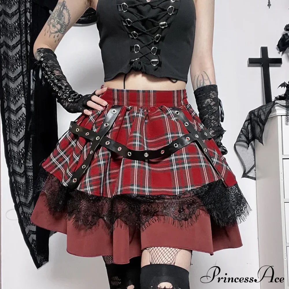 Gothic Harajuku Girls Plaid Pleated Sweet Lace Kawaii Y2K Costume Skirt Halloween