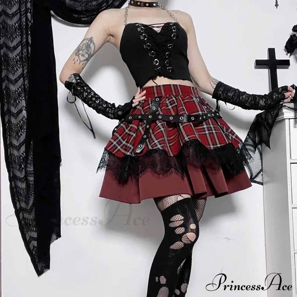 Gothic Harajuku Girls Plaid Pleated Sweet Lace Kawaii Y2K Costume Skirt Halloween