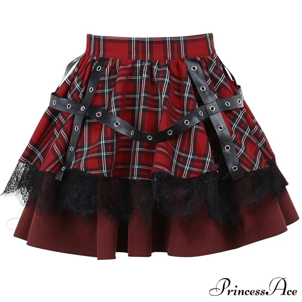 Gothic Harajuku Girls Plaid Pleated Sweet Lace Kawaii Y2K Costume Skirt Red / S Halloween