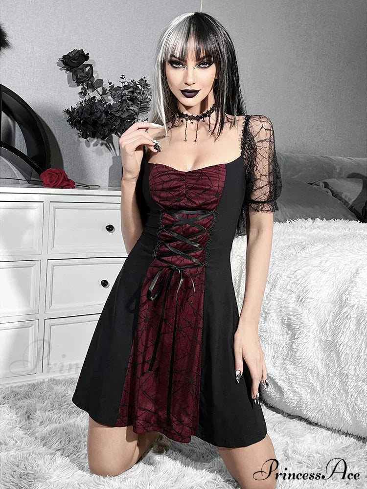 Gothic Harajuku Lace Short Sleeve Grunge Sexy Patchwork Lolita Strap Mini Dress Halloween