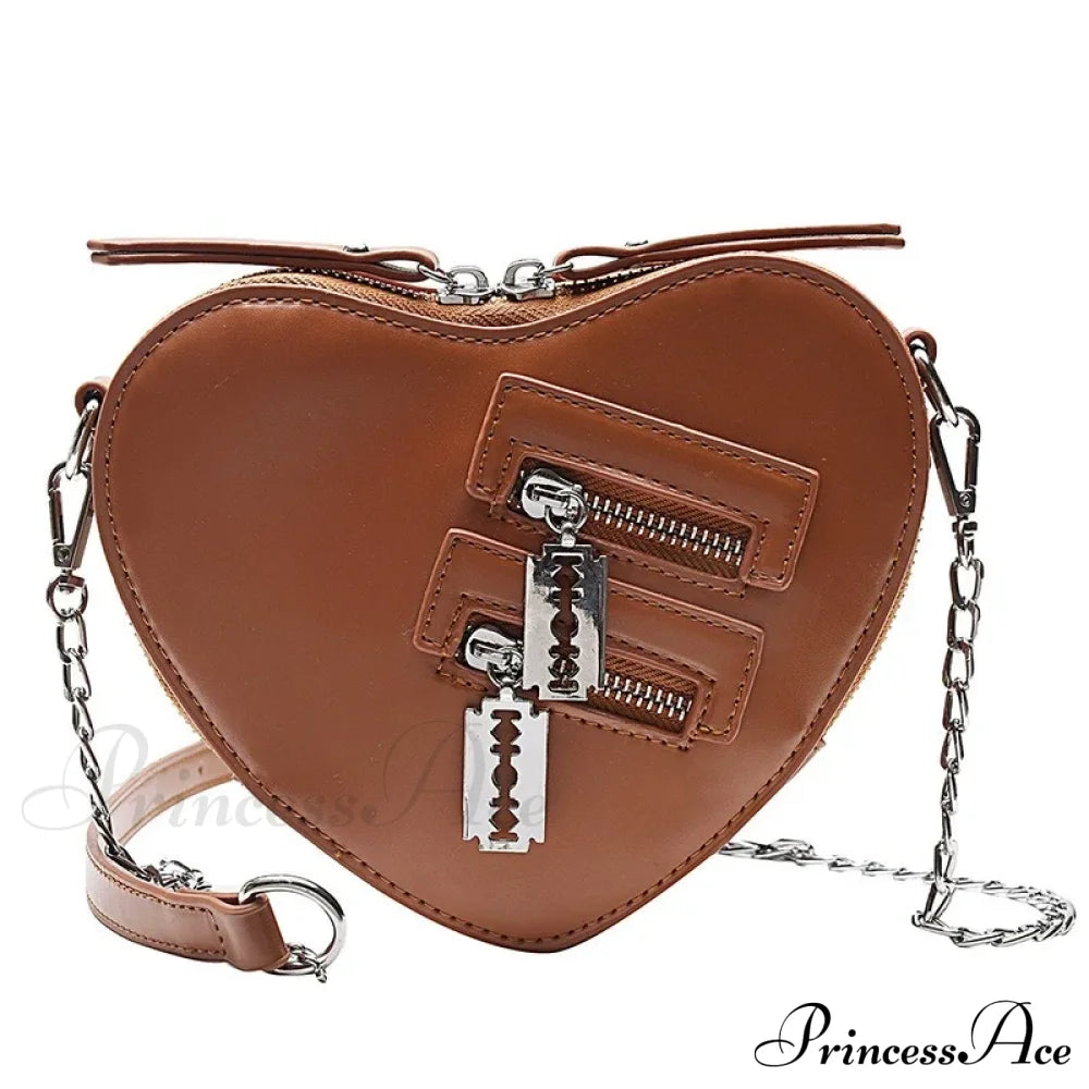 Gothic Heart Blade Zipper Chain Casual Summer Shoulder Handbag Crossbody Bag Brown Halloween