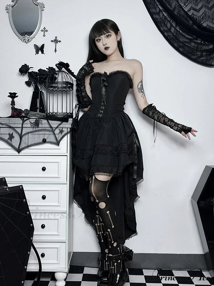 Gothic Hi Low Corset Swing Lace Trim Sleeveless Bodycon Strapless Evening Dress Halloween