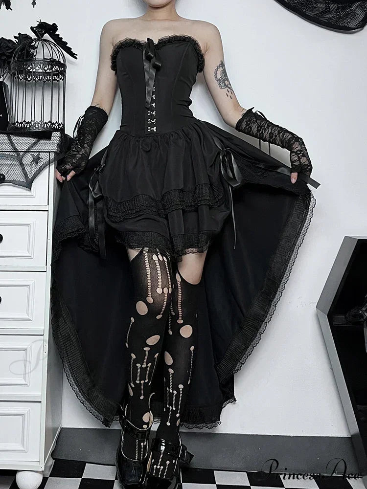 Gothic Hi Low Corset Swing Lace Trim Sleeveless Bodycon Strapless Evening Dress Halloween