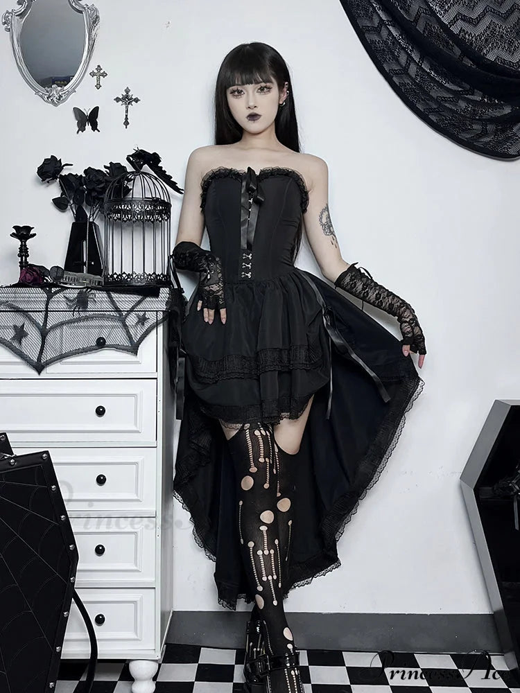 Gothic Hi Low Corset Swing Lace Trim Sleeveless Bodycon Strapless Evening Dress Halloween