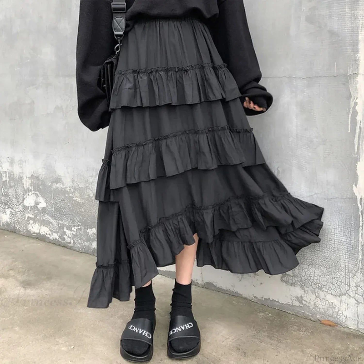 Gothic High Low Ruched Ruffle Skirt