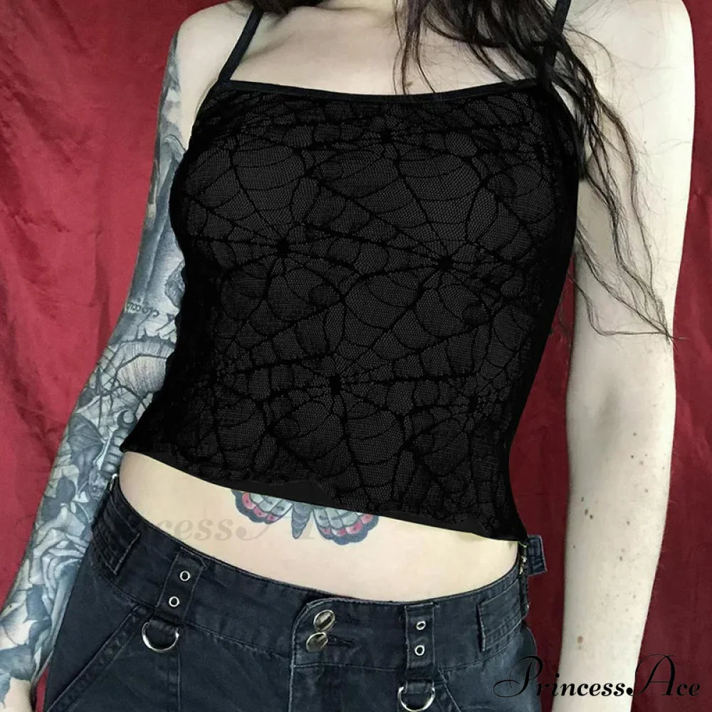 Gothic High Street Sexy Mesh Lace Backless Ruffle Sleeveless Crop Top Black / S Halloween