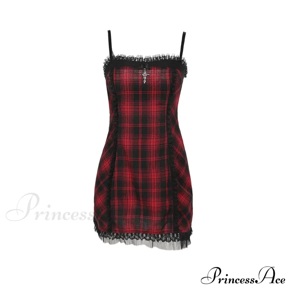 Gothic High Waist Plaid Halter Vintage Retro Grunge Aesthetics Contrast Swing Party Dress