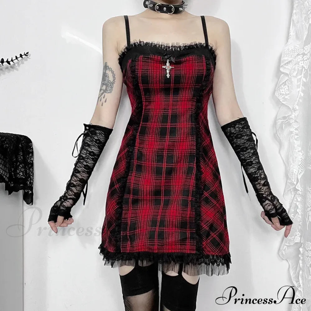 Gothic High Waist Plaid Halter Vintage Retro Grunge Aesthetics Contrast Swing Party Dress