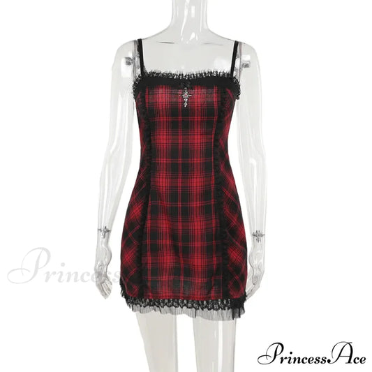 Gothic High Waist Plaid Halter Vintage Retro Grunge Aesthetics Contrast Swing Party Dress Red / M