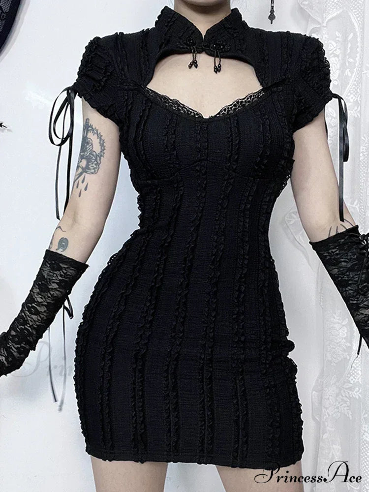 Gothic Hollow Out Small Vertical Collar Short Sleeve Grunge Knitted Hip Texture Dress Halloween