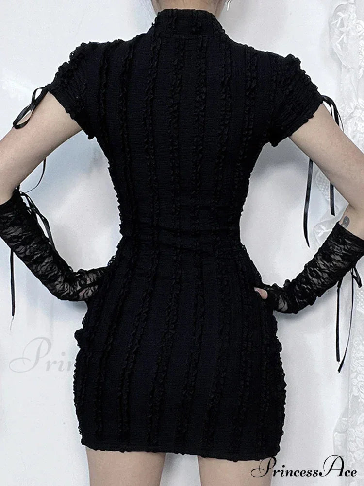 Gothic Hollow Out Small Vertical Collar Short Sleeve Grunge Knitted Hip Texture Dress Halloween